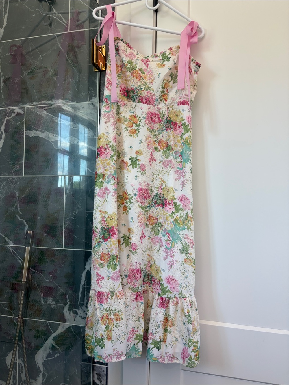 Sugarlips Cream Floral Tie-Shoulder Midi Dress with Pink Straps
